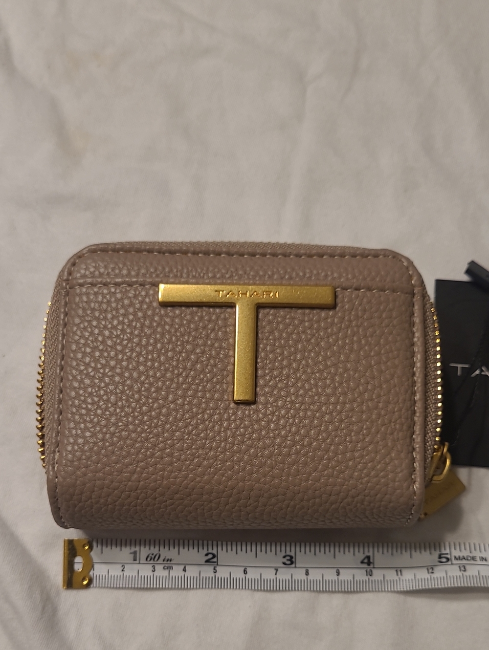 Tahari Pebbled Taupe Zip Wallet with Gold T Accent